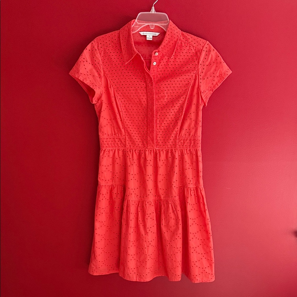 Diane Von Furstenberg Skylar Coral Eyelet Short Sleeve Dress Sz 10